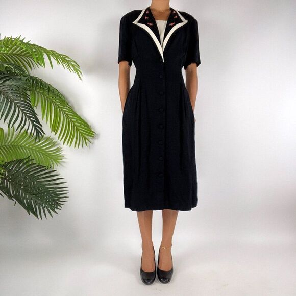 Vintage 90s Romantic Grunge Black Short Sleeve Button Down Midi Dress / 12 - Picture 4 of 6